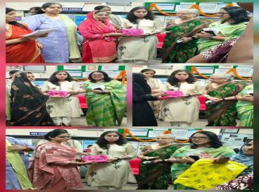 Nayi Pahel kit distribution by Ms. Ayushi SDM vasant vihar, Dr Jyoti Sachdeva SPO MH DSHM,DR Neeta Singhla  CDMO NDD. at AAM BASANT Gaon SNSP specialist camp